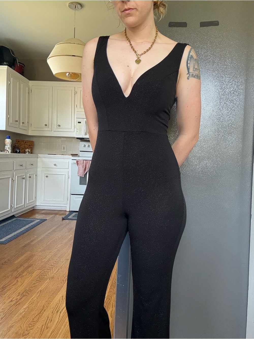Black glitter plunging neck jumpsuit